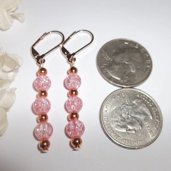 Earrings Rose Gold and Pink Dangle Drop Jewelry Gift Idea for Girl Woman 8122 - Picture 2 of 8